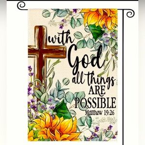 NWOT 1pc Rustic Sunflower & Scripture Burlap Garden Flag, Double Sided "With God